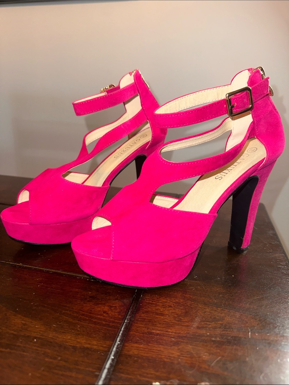 Women's Suede Platform Heels in Vibrant Pink with Ankle Strap